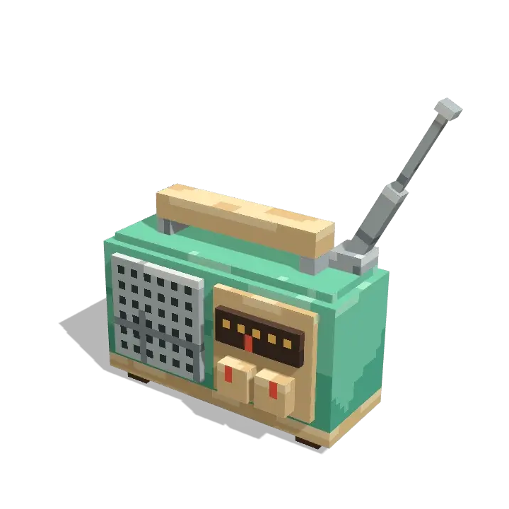 Voxel model: a mint-green retro kitchen radio that bobs to the music