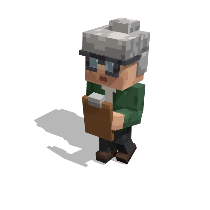 Voxel model: a shift supervisor with a grey bun, glasses and a clipboard