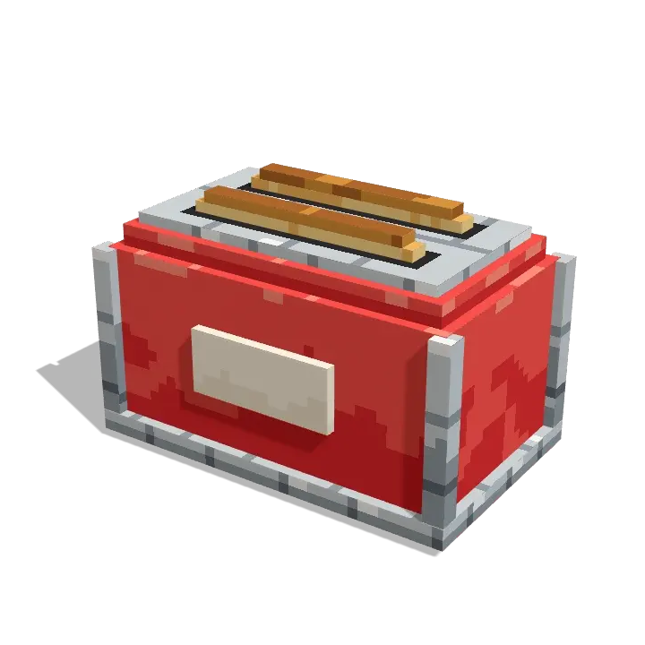 Voxel model: a shiny red two-slice toaster, the toast pops up