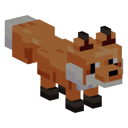 Voxel model: A friendly red fox mob for a voxel sandbox world: orange fur, white chest and tail tip, black paws.