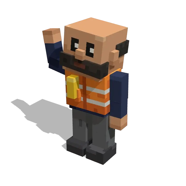 Voxel model: a bald warehouse worker with a black beard and an orange safety vest
