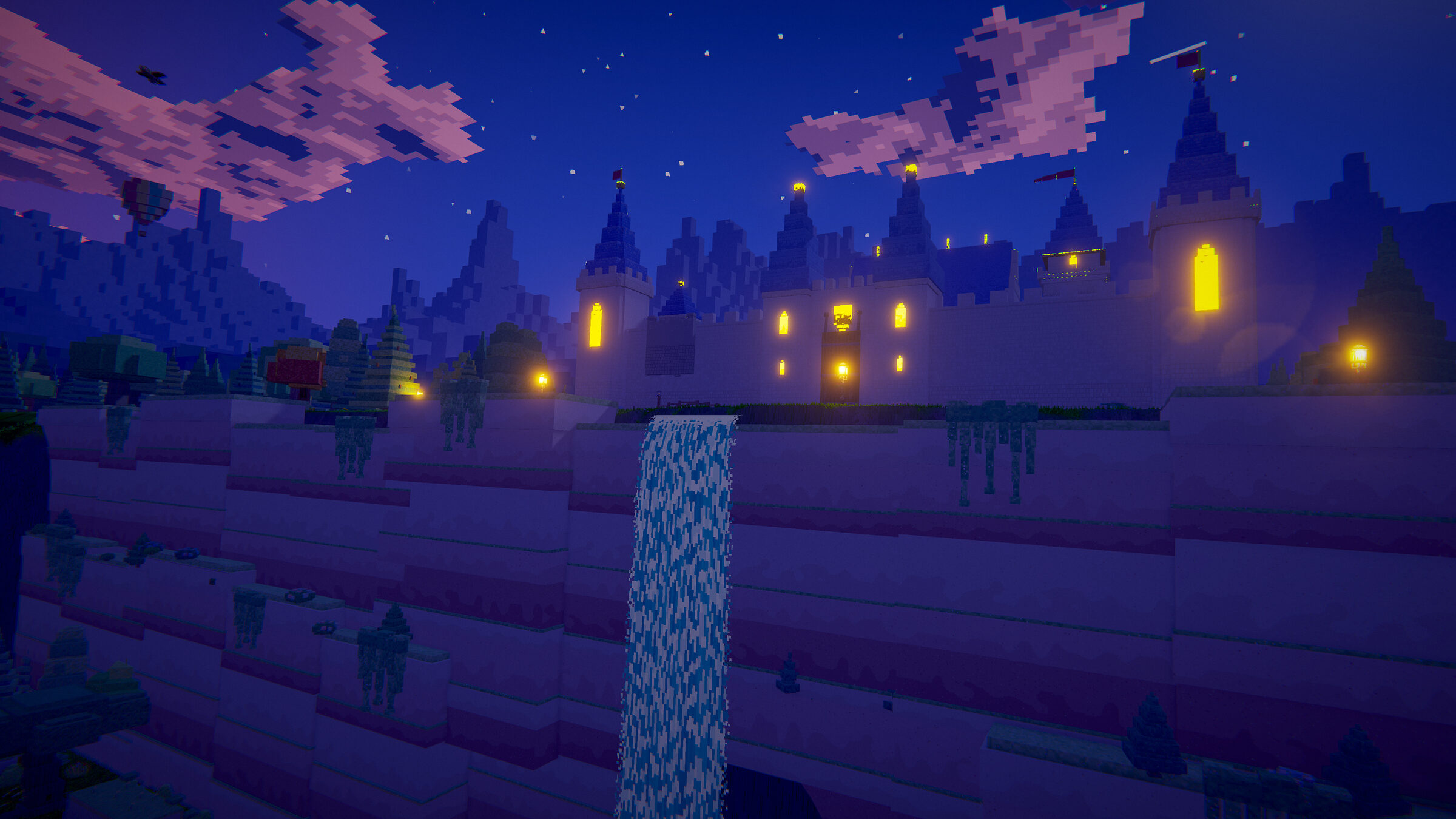 Voxel game scene made with BlockImagine: A castle lit up after dark