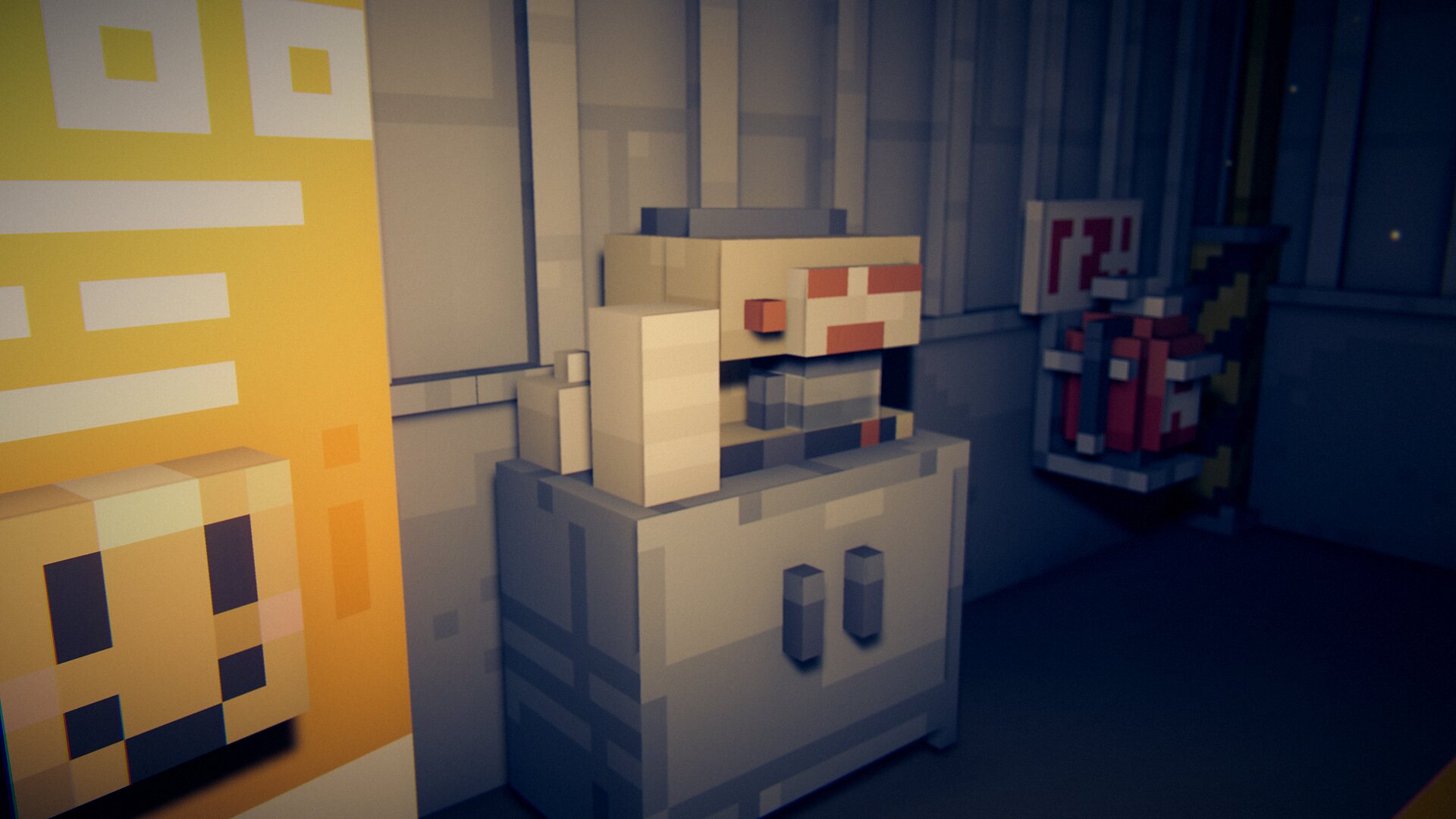 Voxel game scene made with BlockImagine: A coffee machine that has seen better days