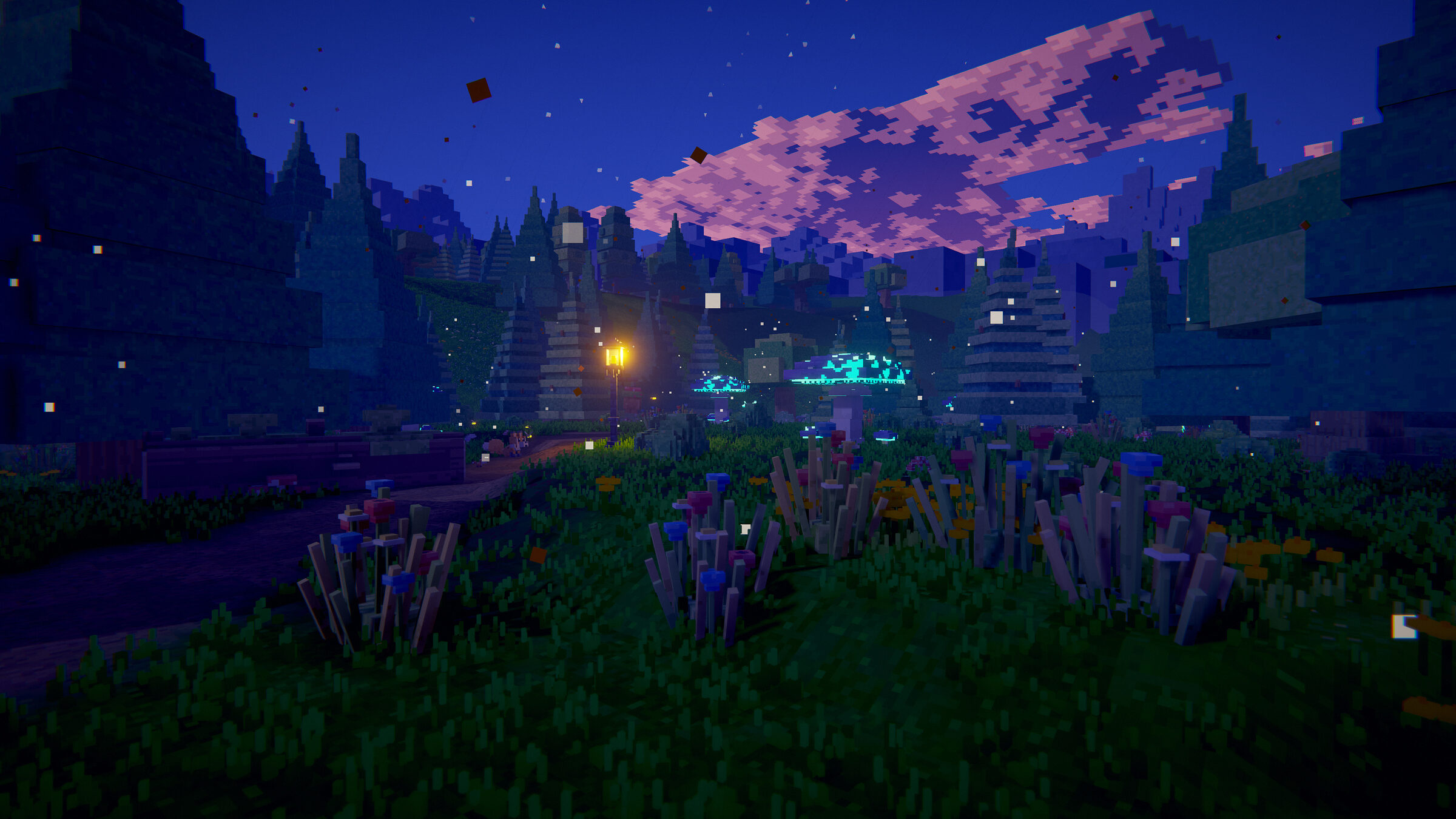 Voxel game scene made with BlockImagine: An enchanted forest at night