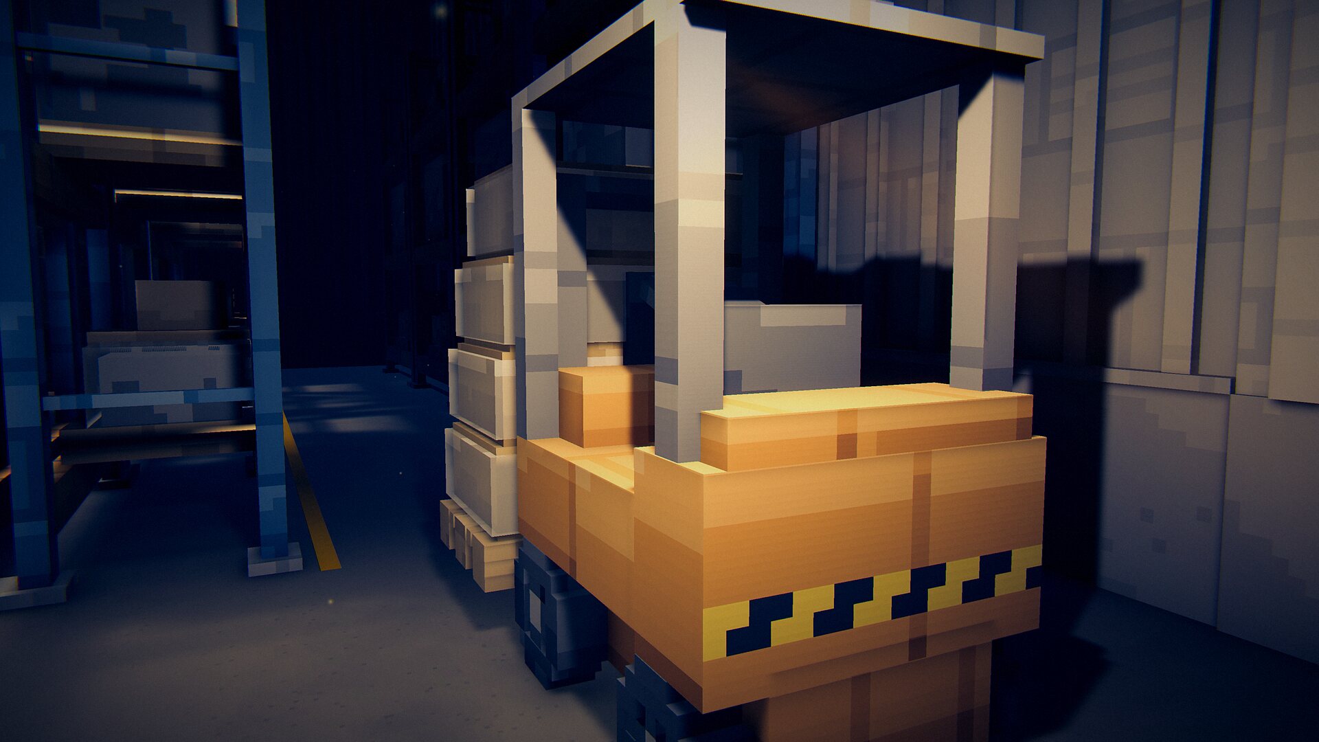 The forklift between pallet racks inside the game