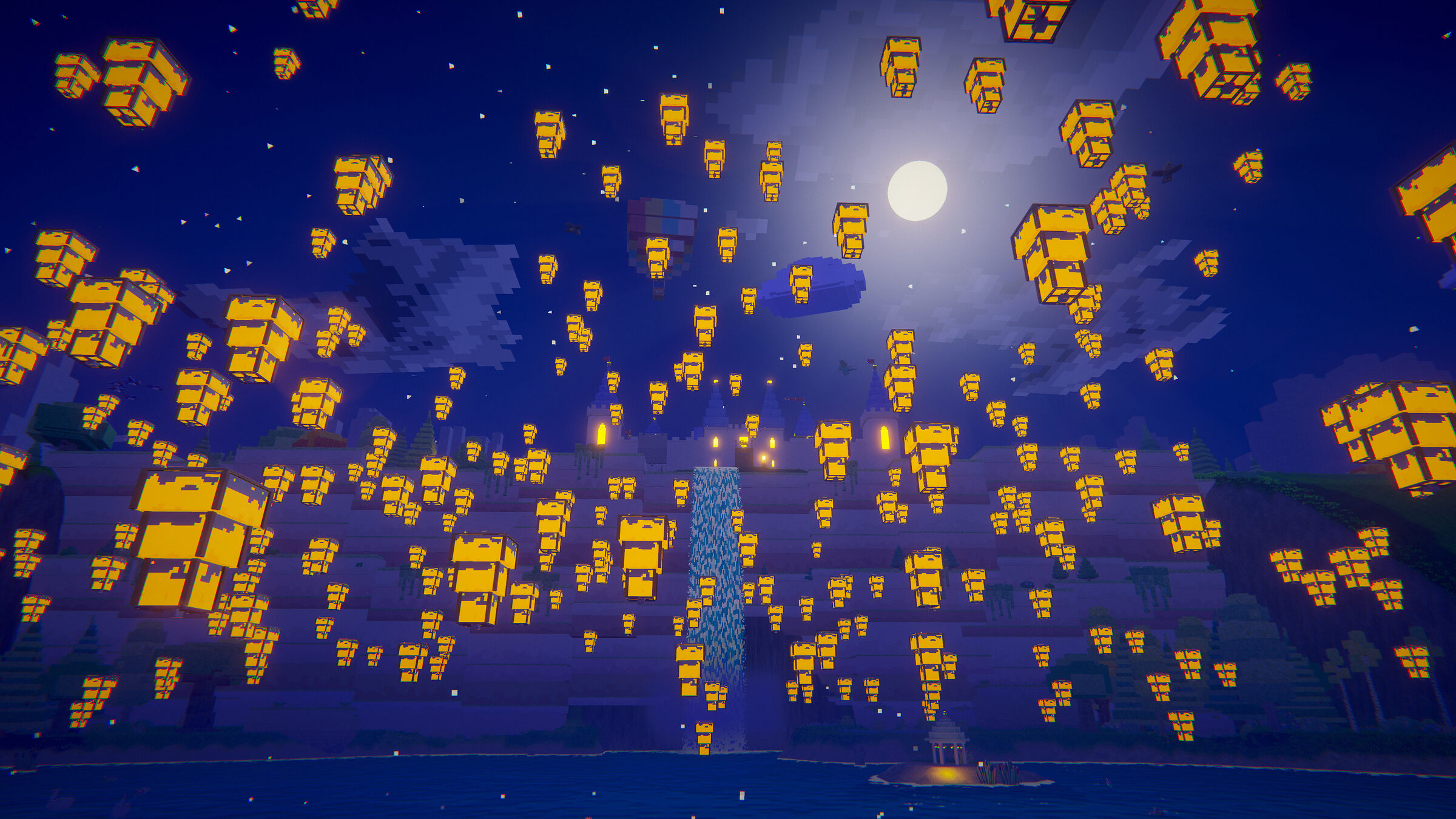 Voxel game scene made with BlockImagine: Hundreds of lanterns under a full moon