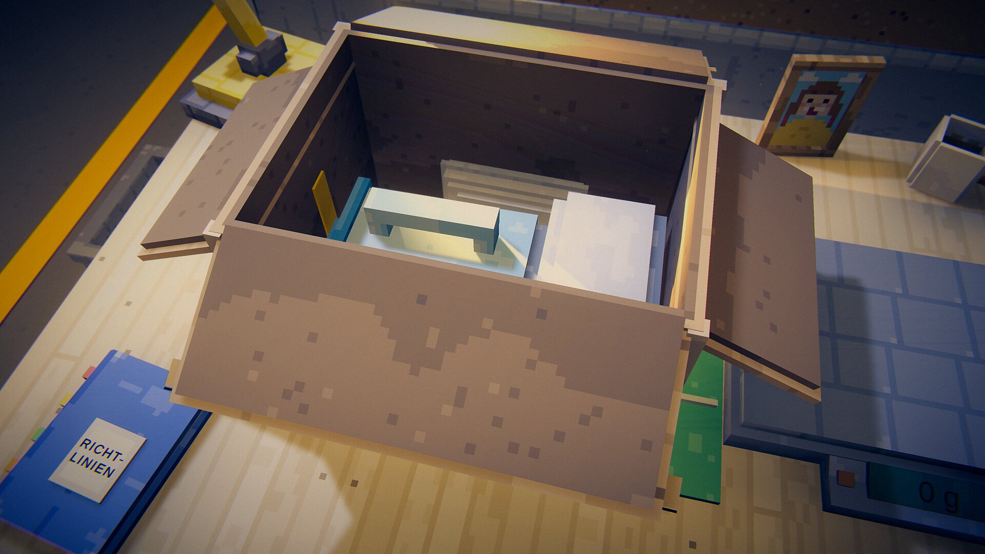 Voxel game scene made with BlockImagine: An opened parcel, every item a model
