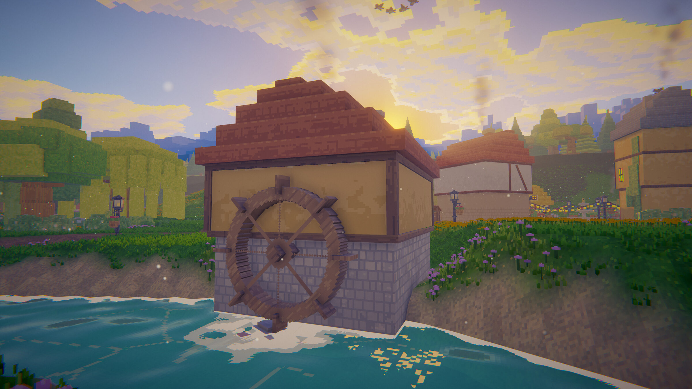 Voxel game scene made with BlockImagine: A water mill on the river