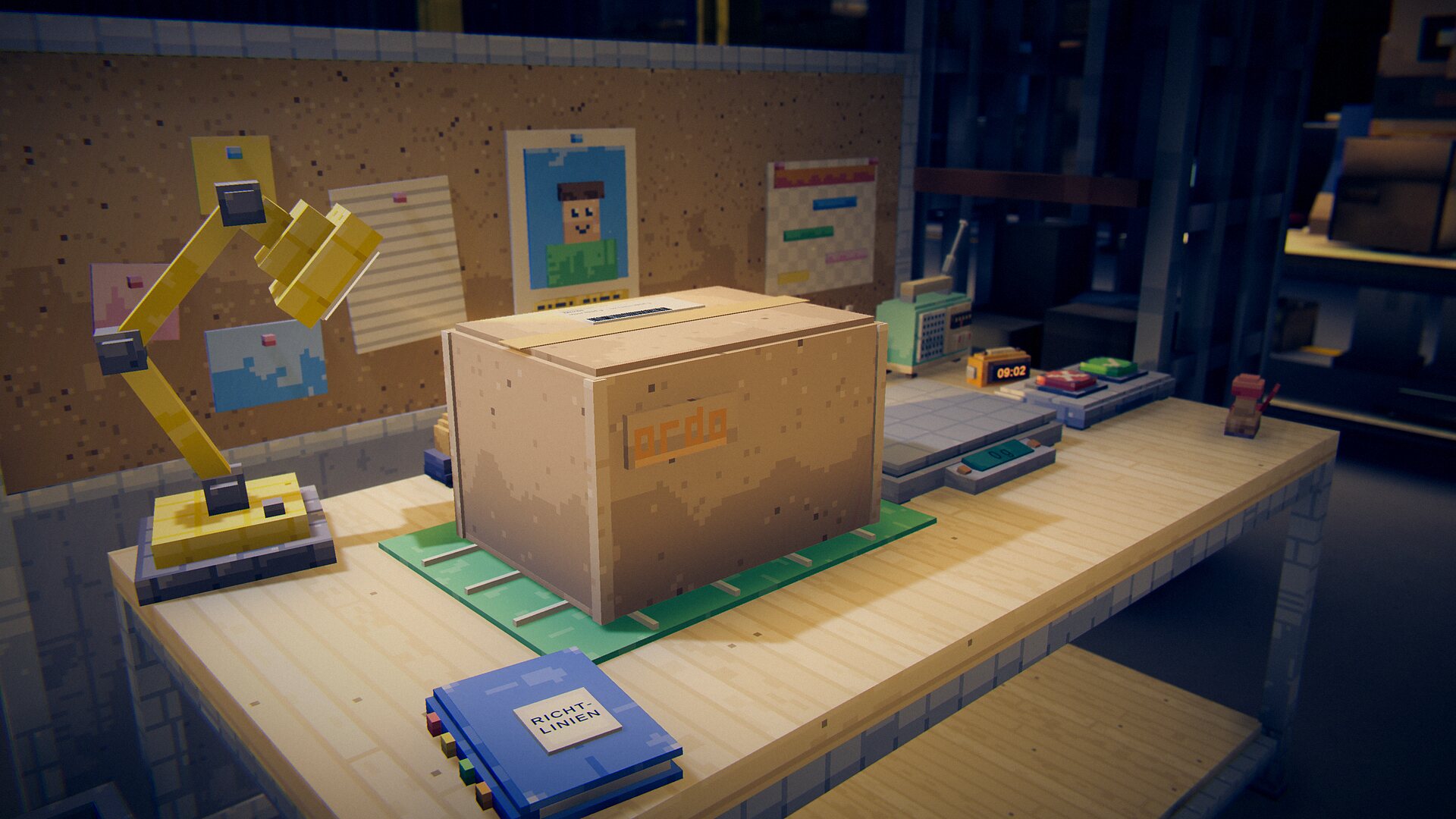 Voxel game scene made with BlockImagine: A workbench full of props