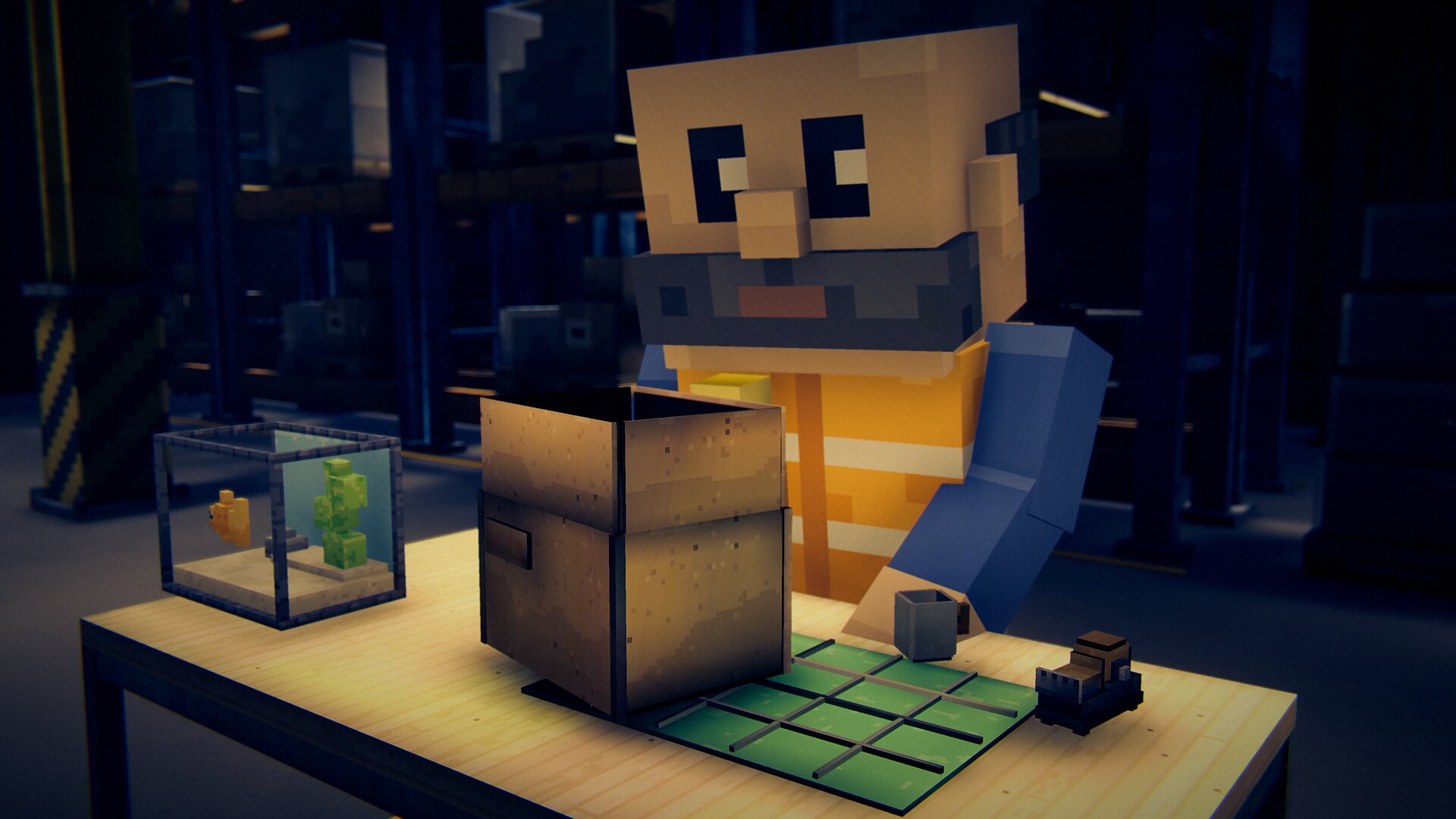 The worker character at a packing table inside the game