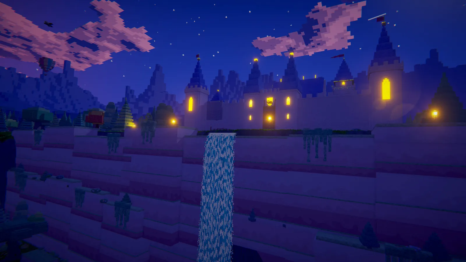 Scène de jeu en voxels créée avec BlockImagine : Un château illuminé à la nuit tombée