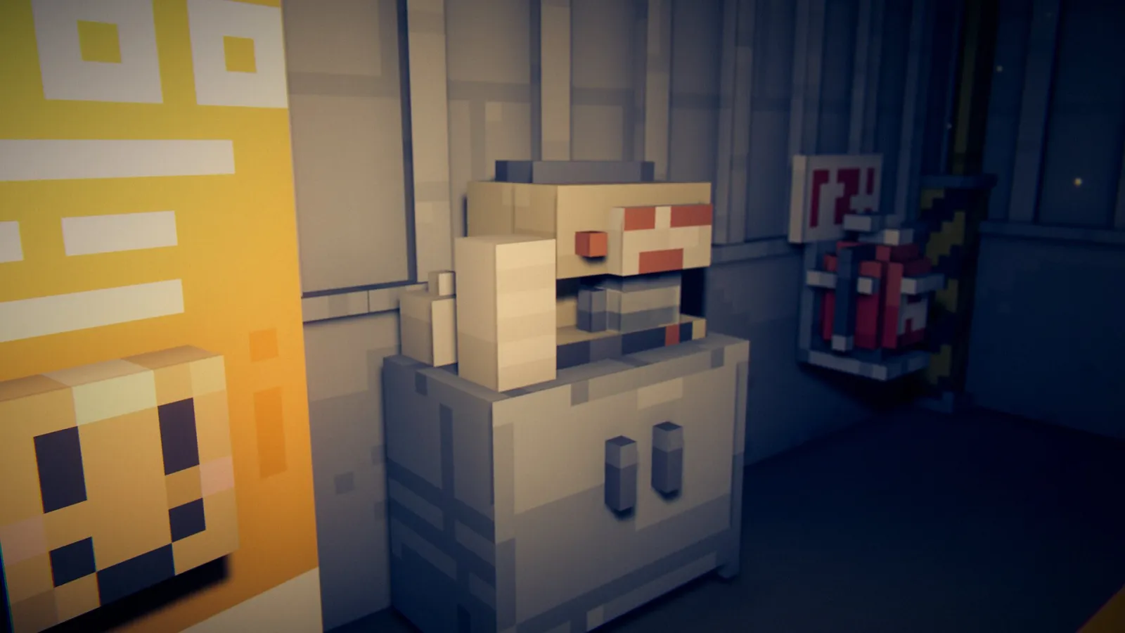 Scène de jeu en voxels créée avec BlockImagine : Une machine à café qui a connu des jours meilleurs