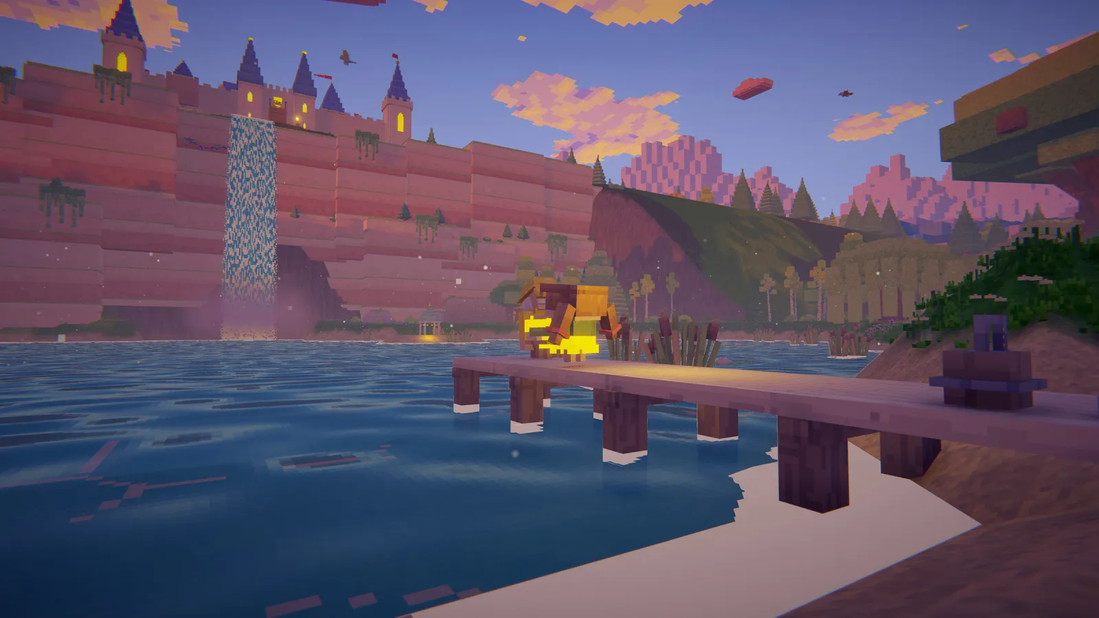 Scène de jeu en voxels créée avec BlockImagine : Partie de pêche sur la jetée