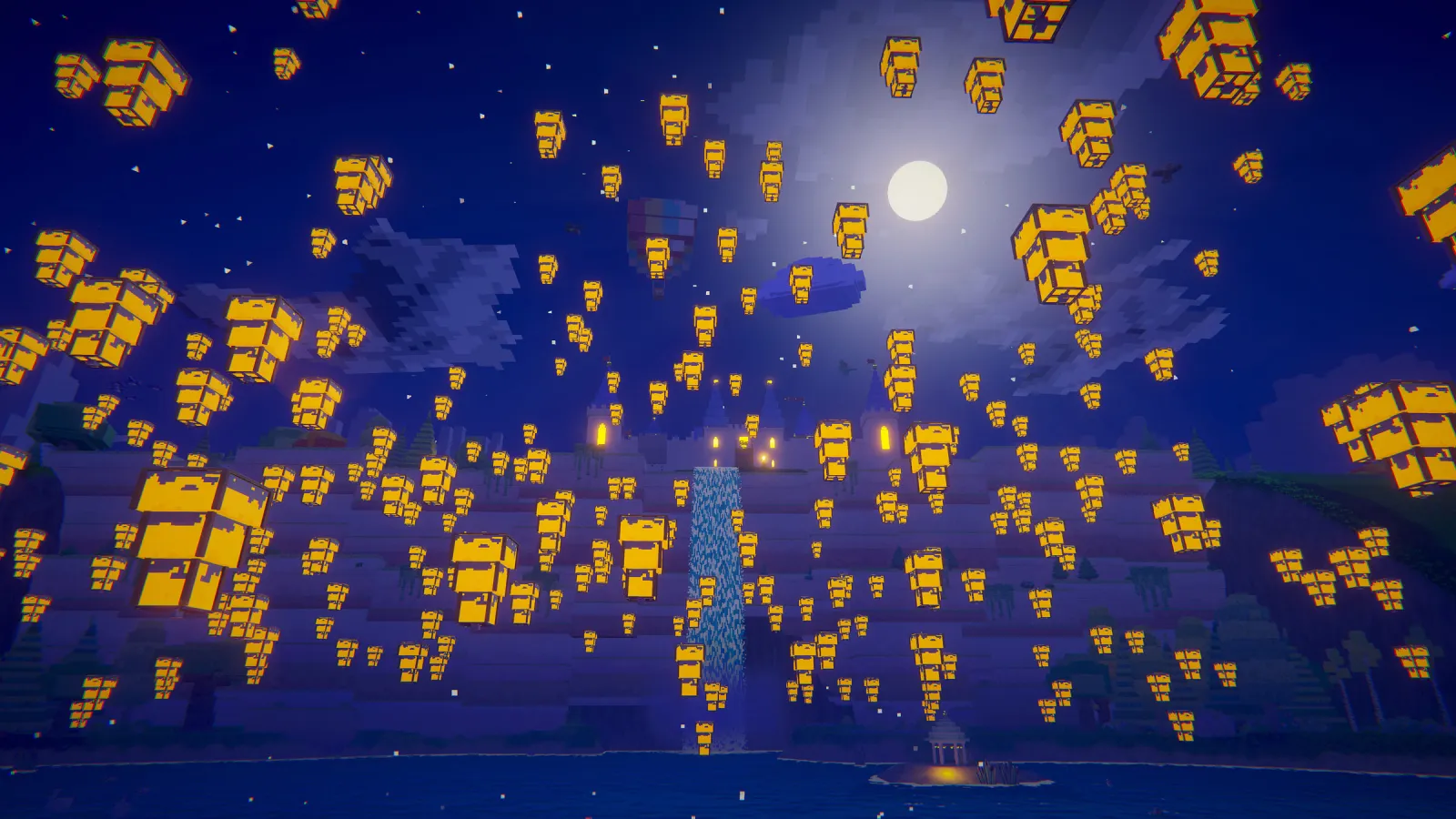 Scène de jeu en voxels créée avec BlockImagine : Des centaines de lanternes sous la pleine lune