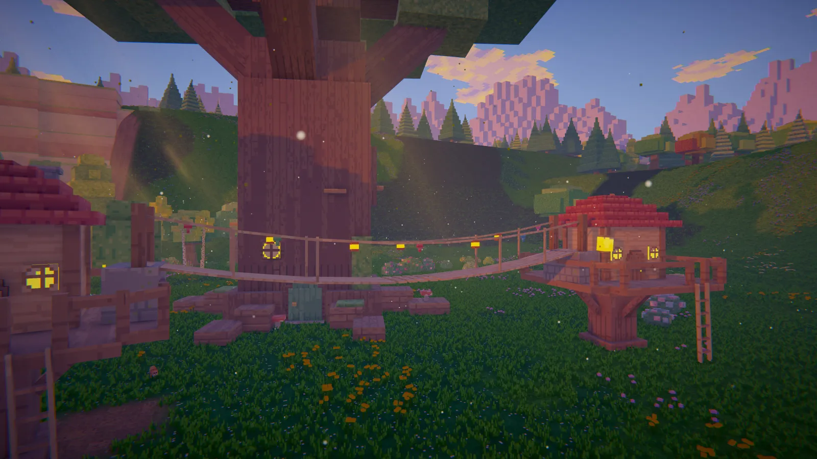 Scène de jeu en voxels créée avec BlockImagine : Des cabanes dans les arbres reliées par des ponts de corde