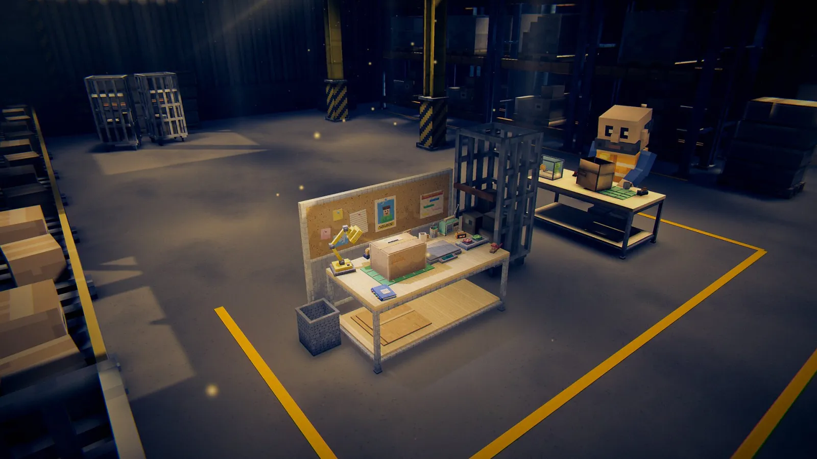 Scène de jeu en voxels créée avec BlockImagine : Un entrepôt complet