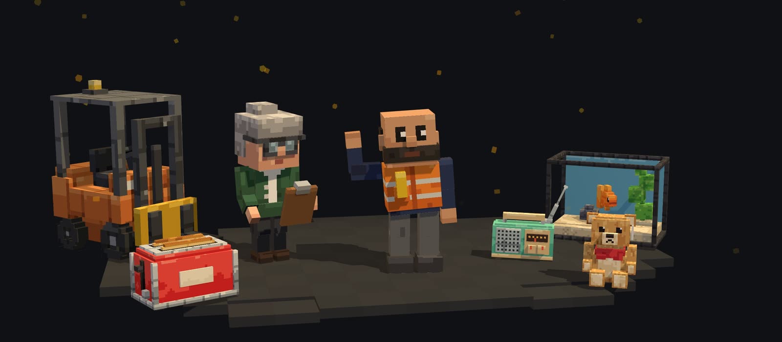 Personnages et objets voxel assemblés cube par cube